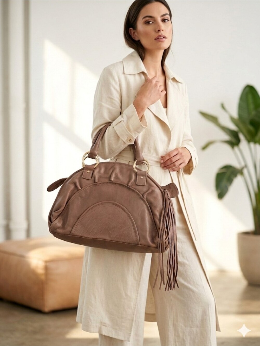 Bulga Beige Leather Large Boho Handbag Fringed & Studded Details